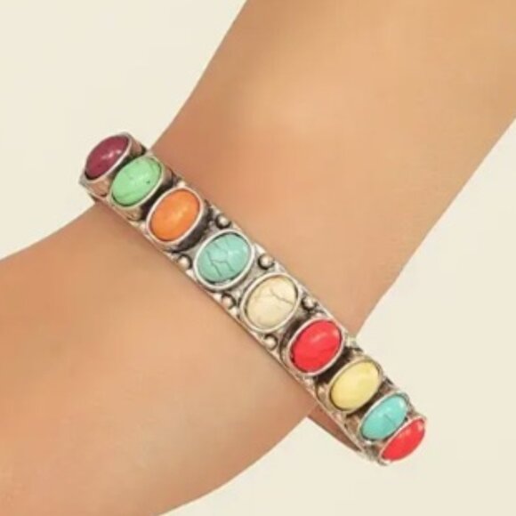 Vibrant Boho Southwest Turquoise Cuff Bracelet - Handcrafted With Genuine Stones - Picture 1 of 3